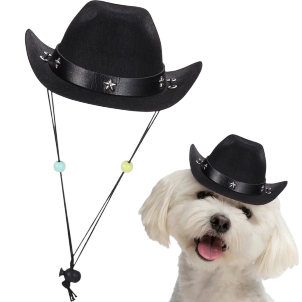 Black Pet Cowboy Hat with Star Studs Adjustable Chin Strap for Small Dogs Cats